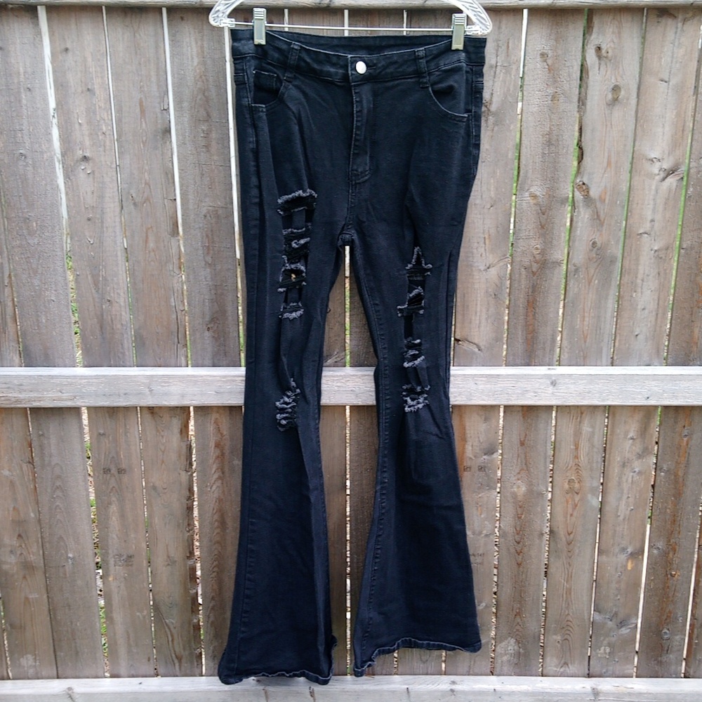 Black Distressed Destroyed Flare Leg Denim Jeans